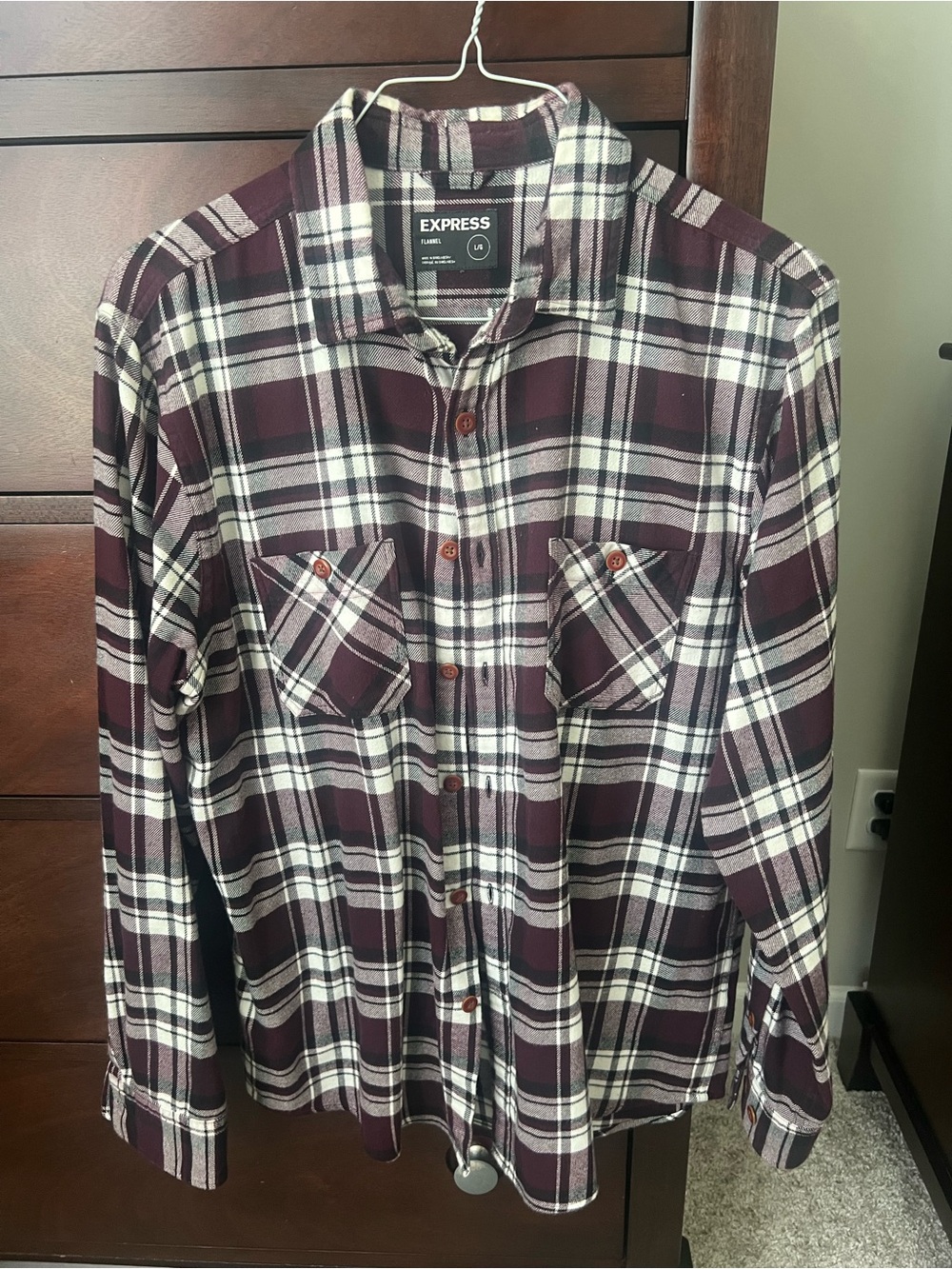 Express Men’s Burgundy and White Flannel Plaid Button-Down Shirt